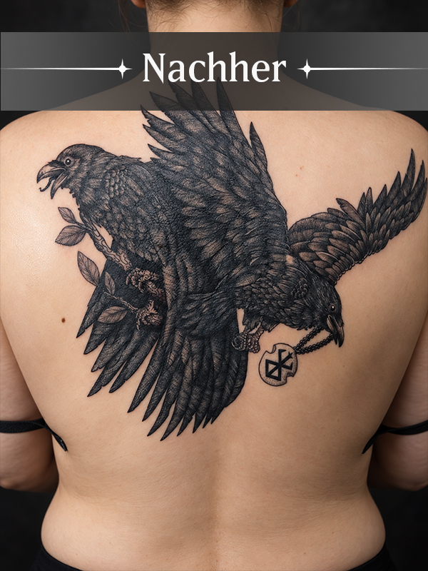 Fertiges Cover-Up auf dem Rücken mit großflächiger Rabenkomposition. Das ursprüngliche Kreuzmotiv wurde in die neue Gestaltung integriert und gestalterisch vollständig überarbeitet.