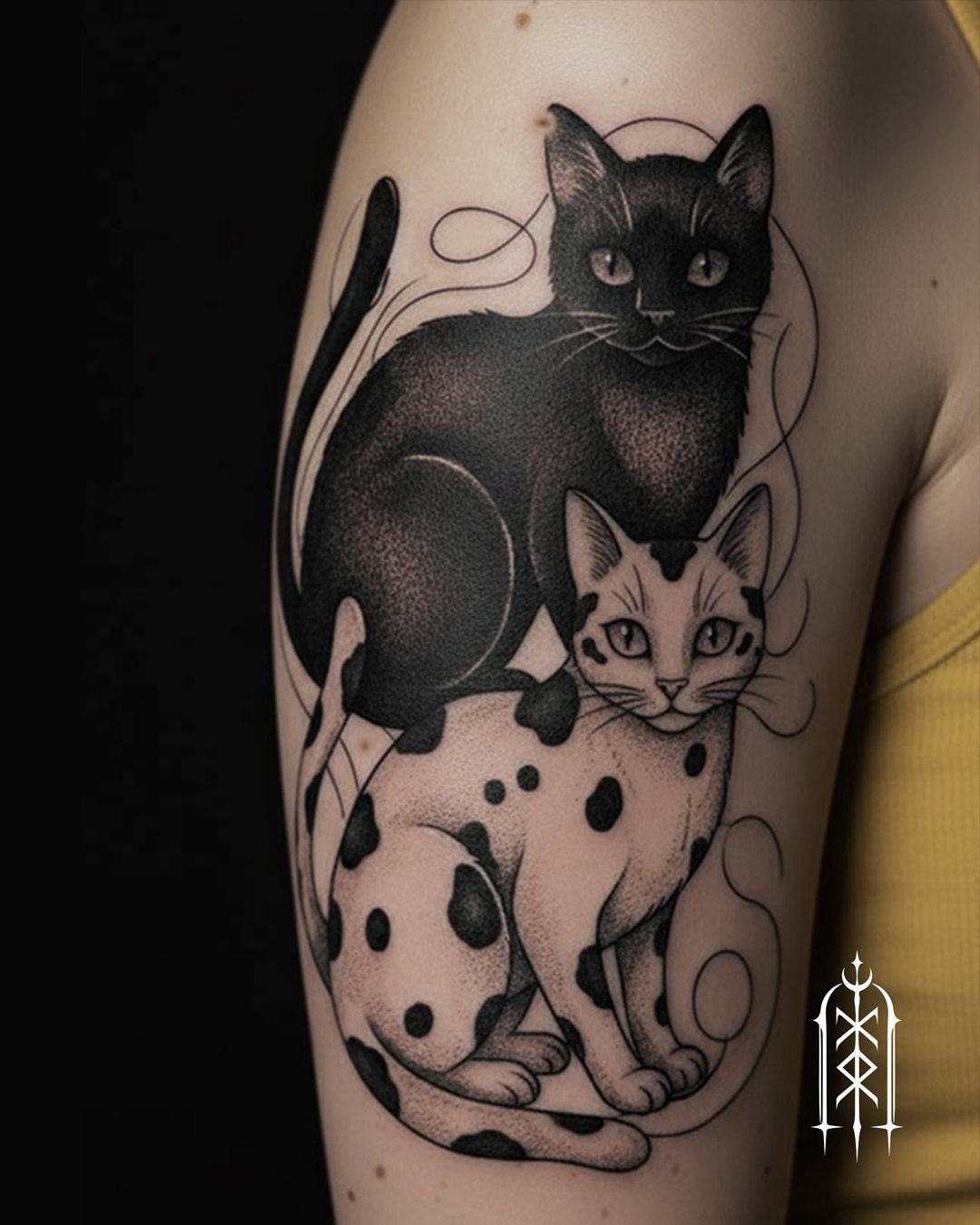 Illustratives Tattoo zweier Katzen auf dem Oberarm