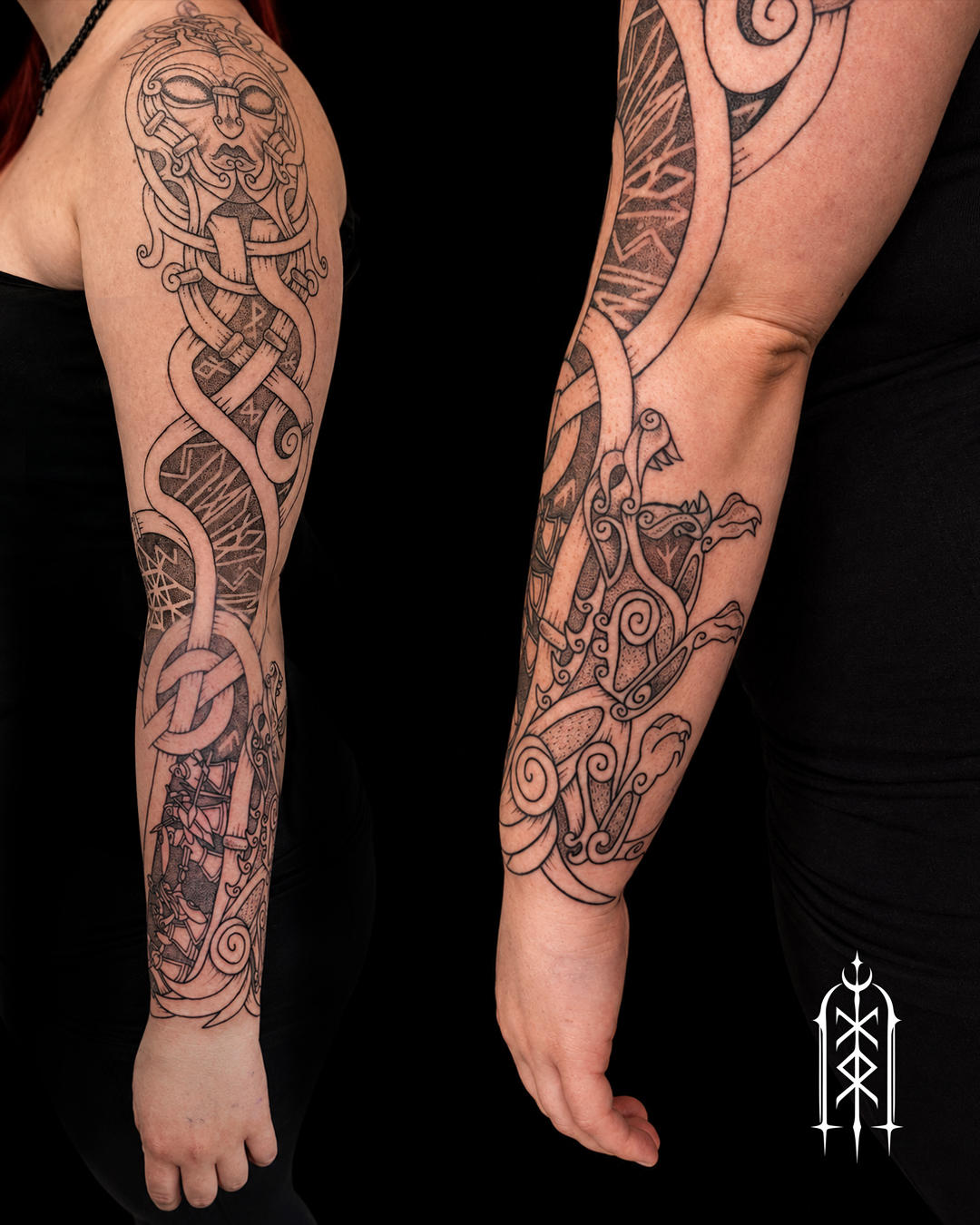 Nordisches Full-Sleeve Tattoo mit weiblicher Figur, Knotenmuster und mythologischen Motiven